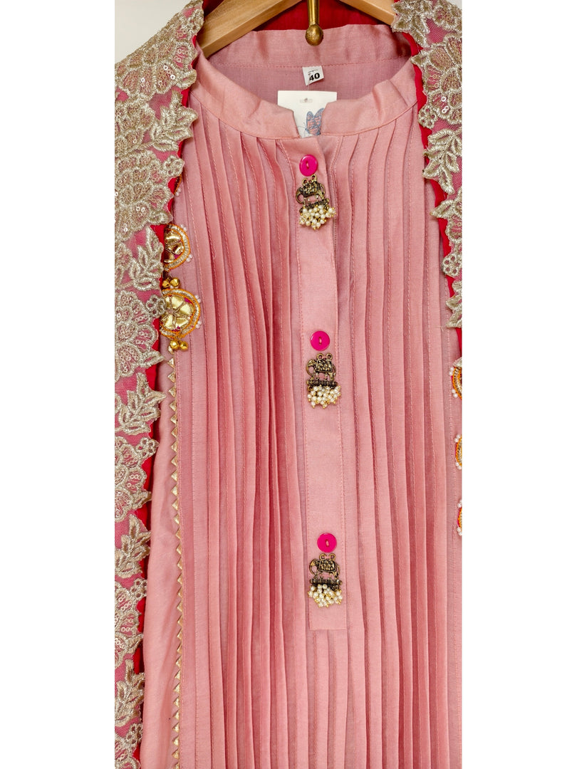 Rose pink Mul Chanderi suit with Bandhej dupatta