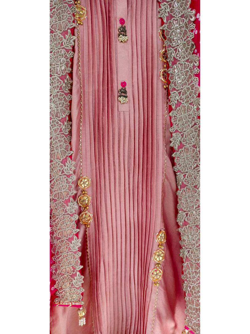 Rose pink Mul Chanderi suit with Bandhej dupatta