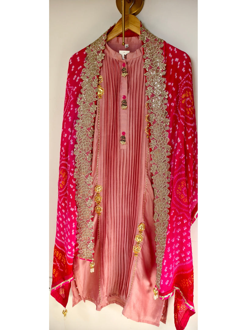 Rose pink Mul Chanderi suit with Bandhej dupatta