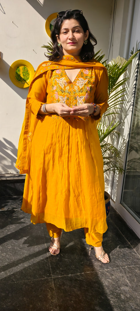 Mustard Mul Chanderi Suit with Elegant Bird Motifs