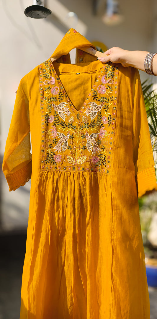 Mustard Mul Chanderi Suit with Elegant Bird Motifs