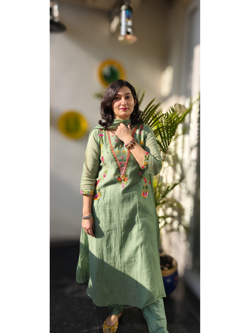 Green Mul Chanderi suit with pockets