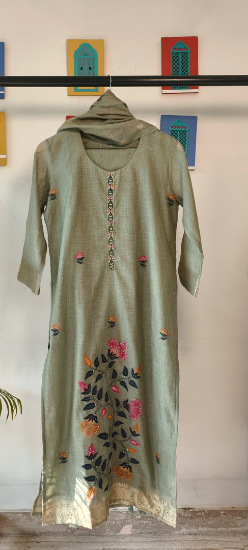Sap green chanderi suit with Jamdani dupatta