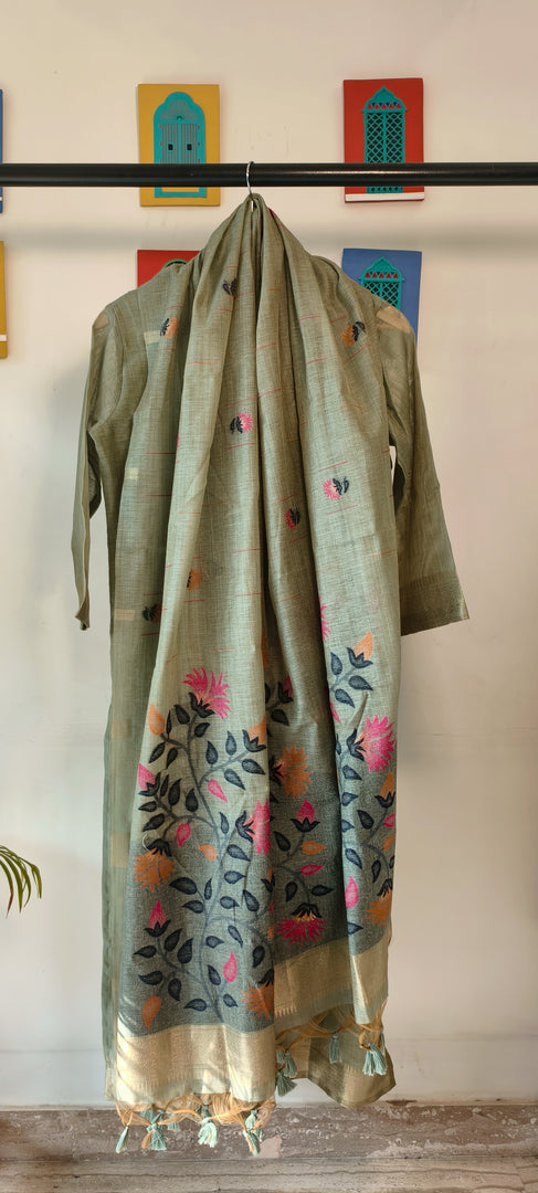 Sap green chanderi suit with Jamdani dupatta