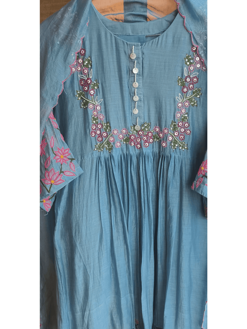 Blue Mul Chanderi suit with lotus motifs