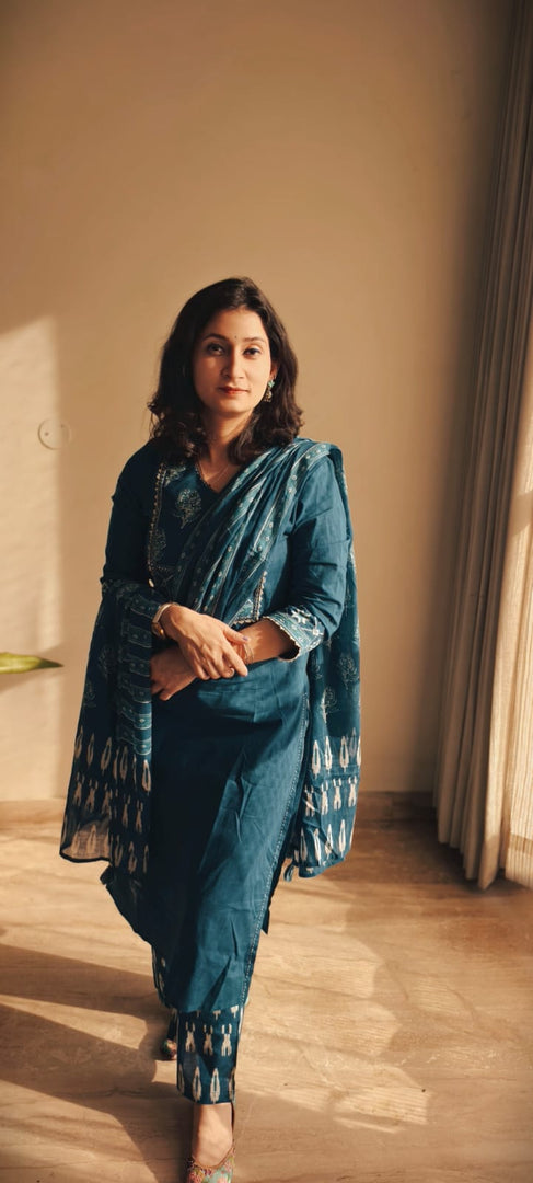 Blue Cotton Suit with Dupatta