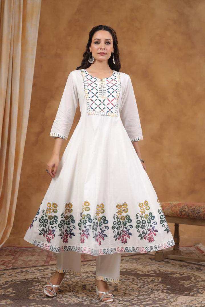 White Cotton Anarkali 3 pc Suit