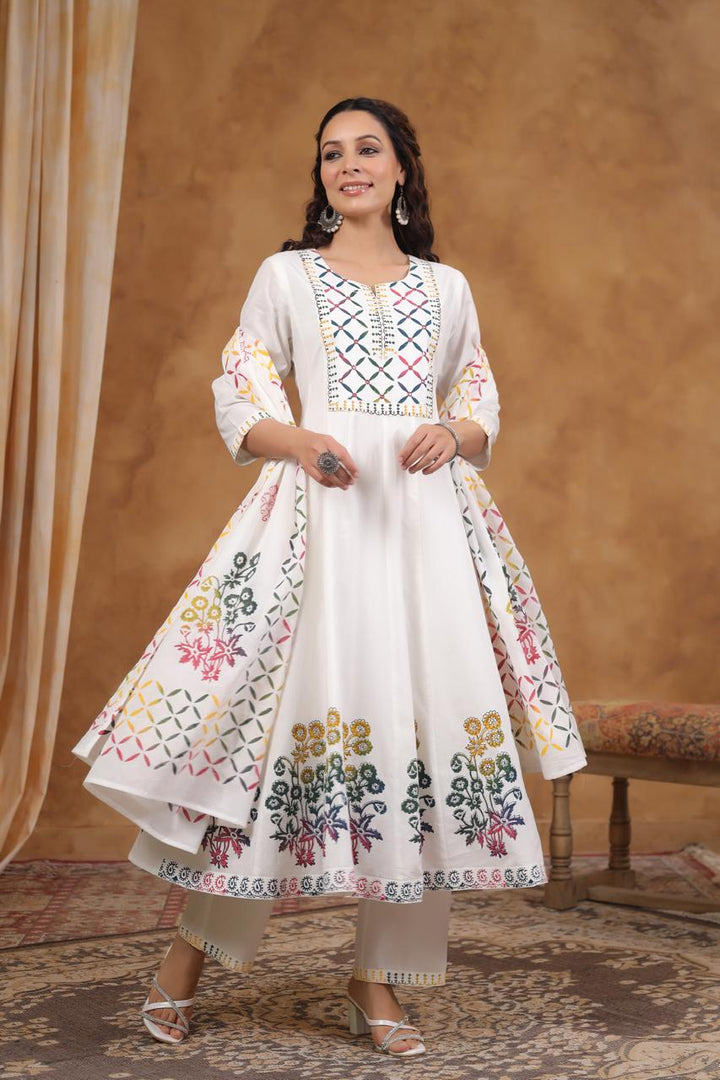 White Cotton Anarkali 3 pc Suit