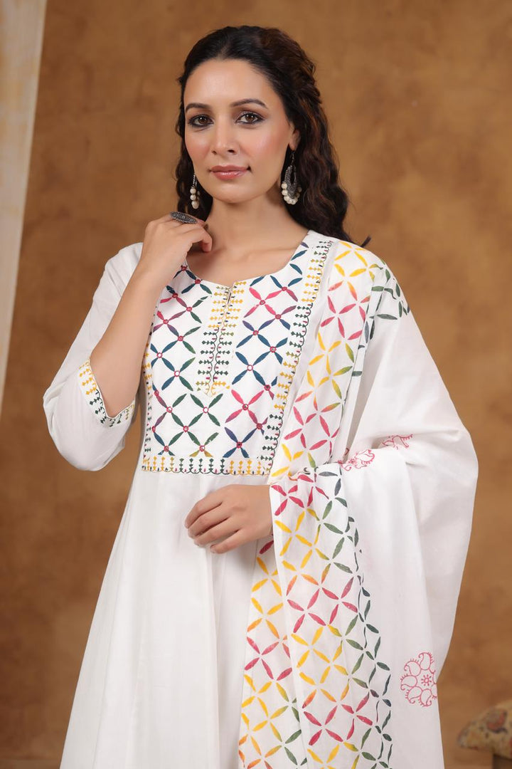 White Cotton Anarkali 3 pc Suit