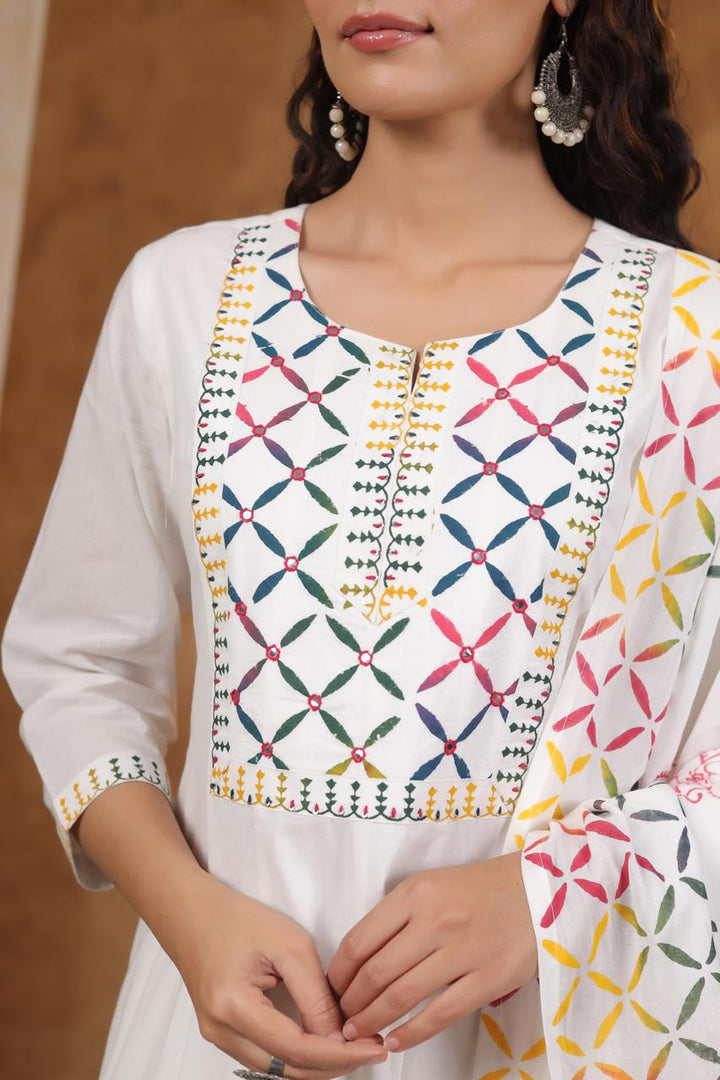 White Cotton Anarkali 3 pc Suit