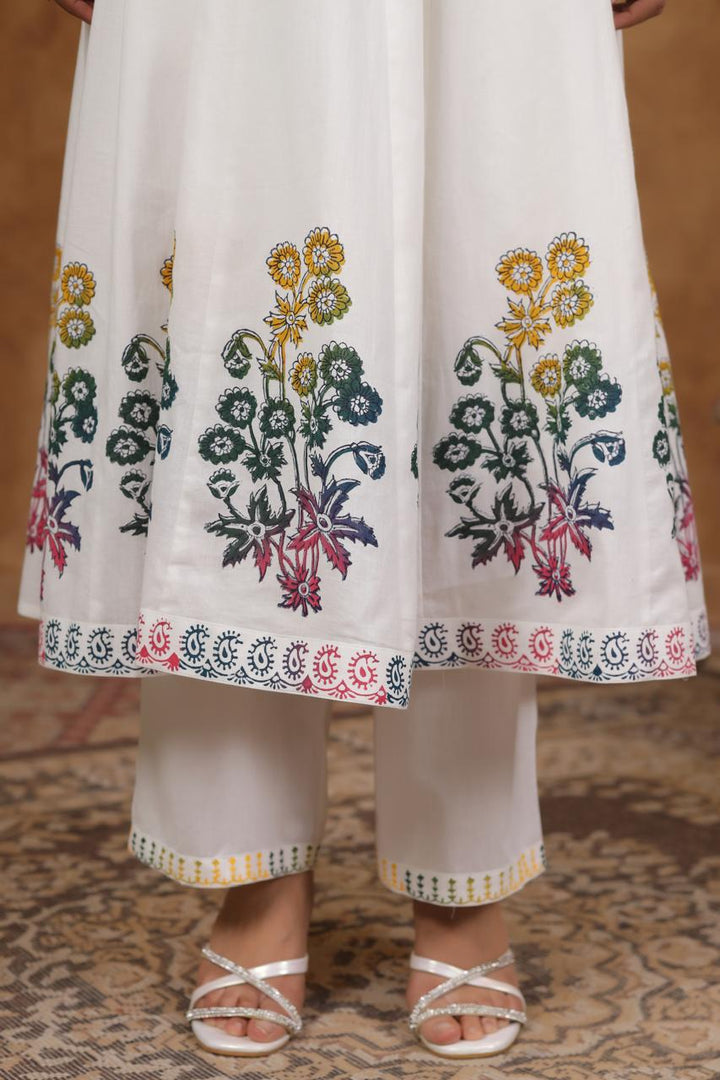 White Cotton Anarkali 3 pc Suit