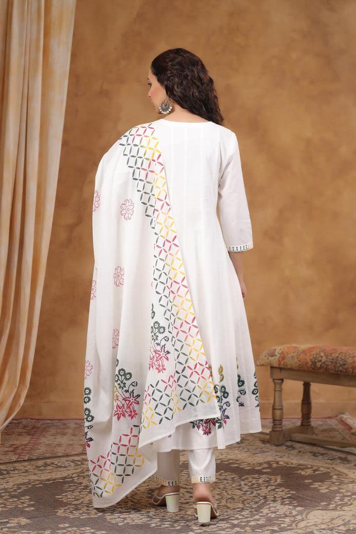White Cotton Anarkali 3 pc Suit