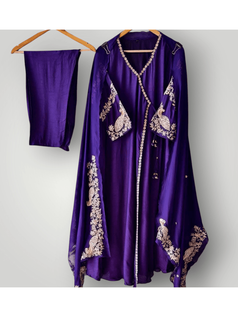 Purple Mul Chanderi angrakha suit with pita handwork