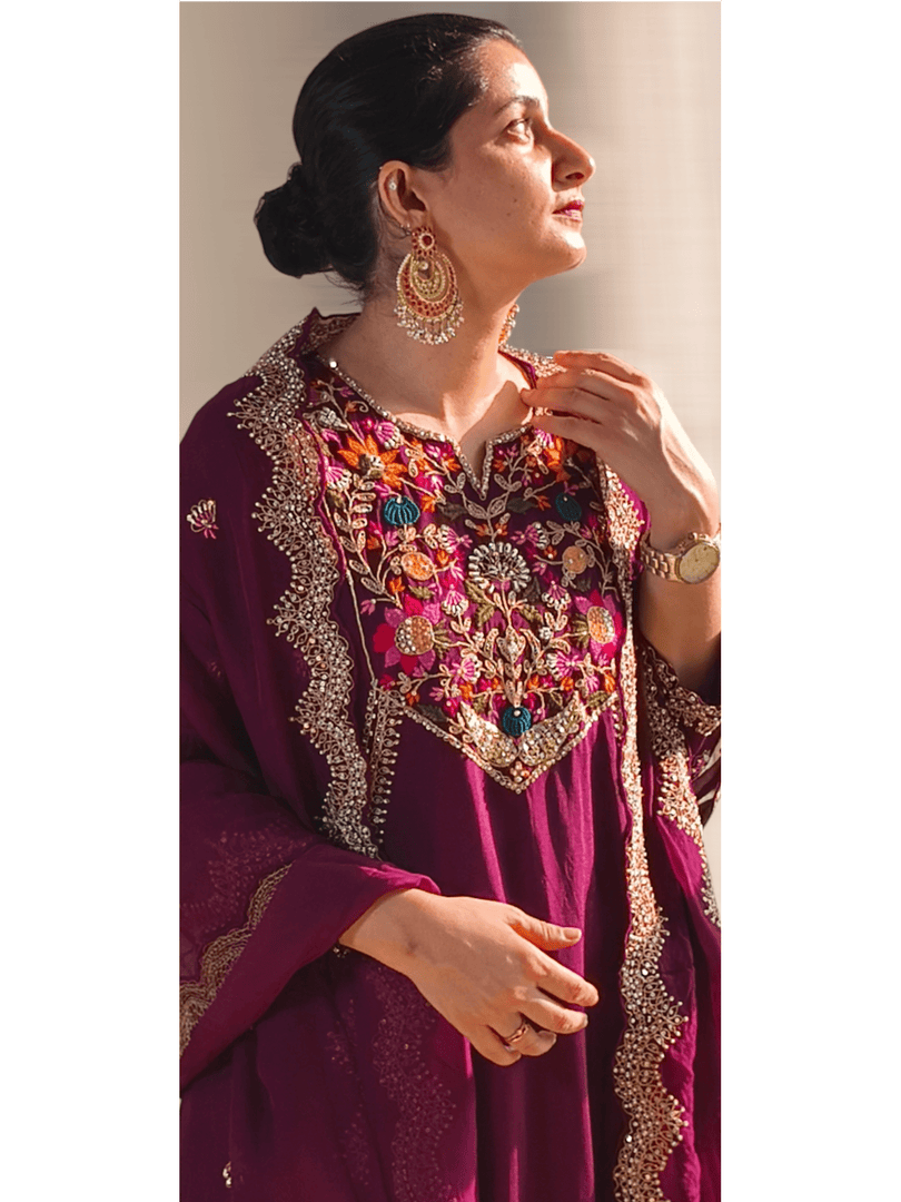 Mulberry Anarkali suit with handwork in Dola silk
