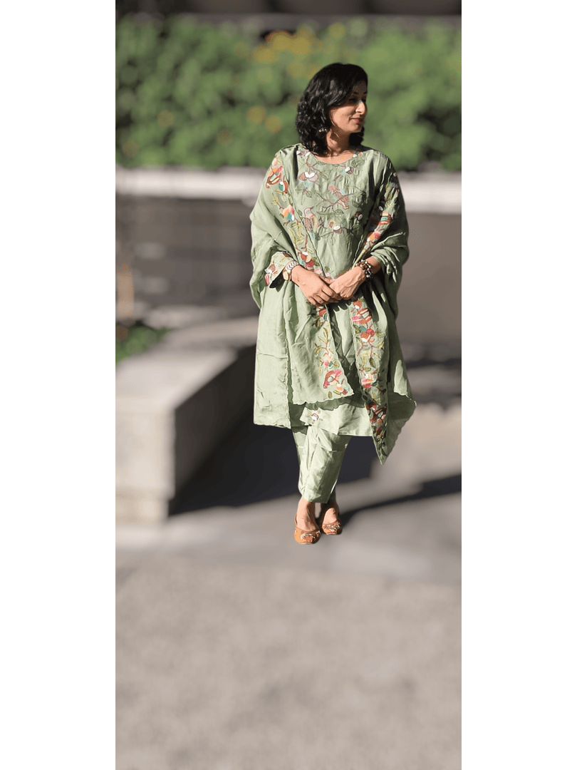 Kantha stitch green Dola silk 3 pc suit