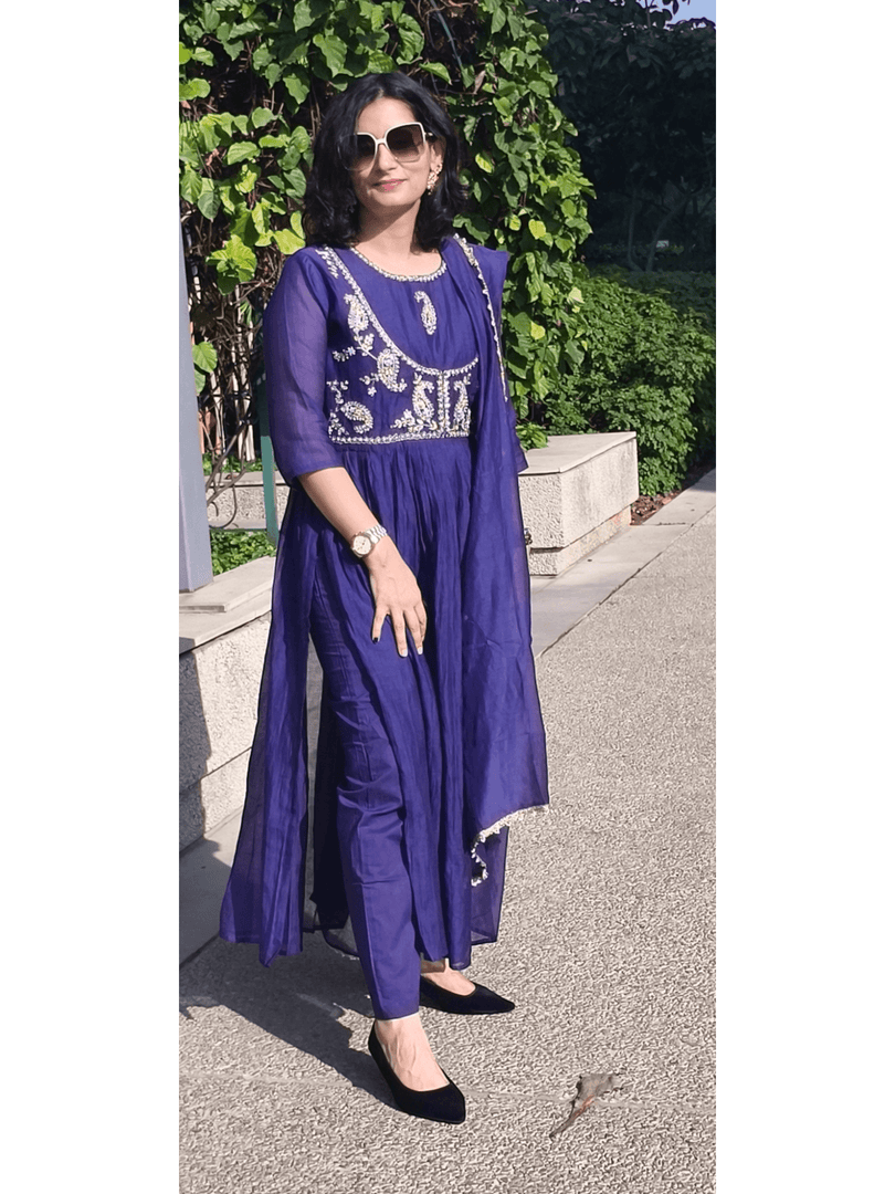 Purple Paisley motif Mul Chanderi 3 pc suit