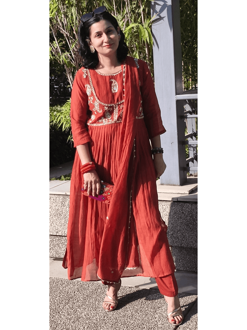 Rust Paisley motif Mul Chanderi 3 pc suit