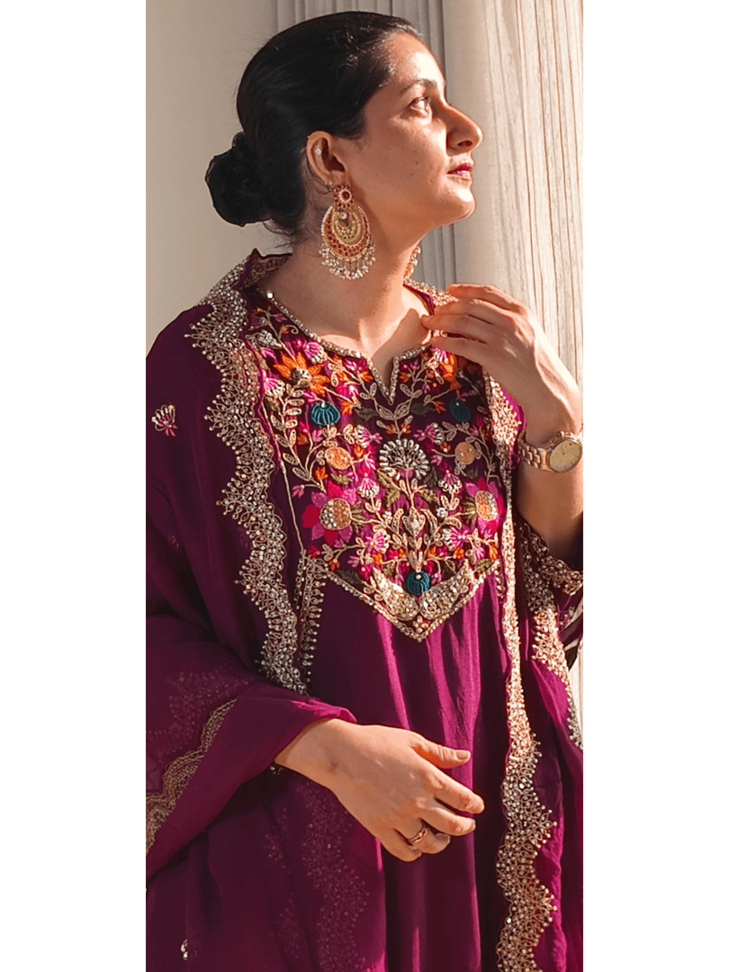 Mulberry Anarkali suit with handwork in Dola silk