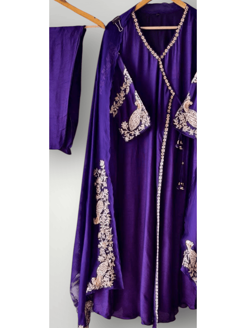 Purple Mul Chanderi angrakha suit with pita handwork