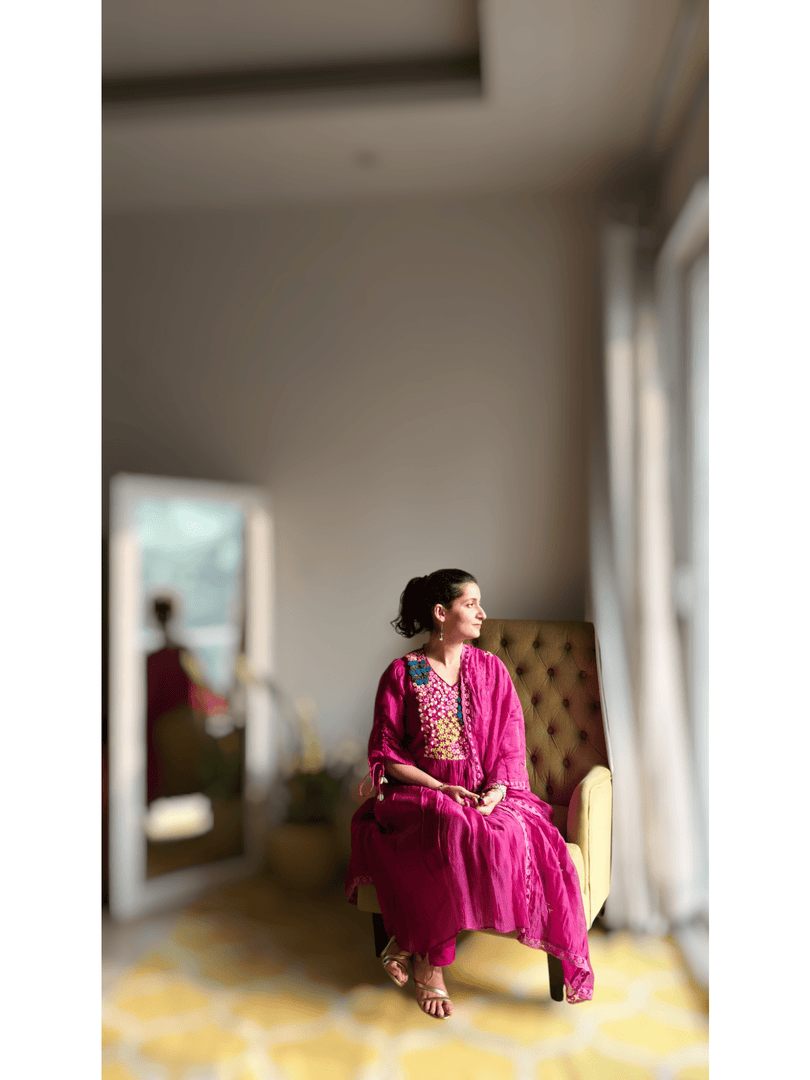 Phalsa Mul chanderi suit with intricate thread work