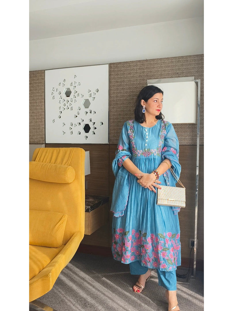 Blue Mul Chanderi suit with lotus motifs