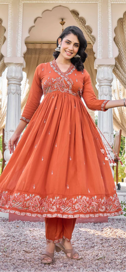 Rust cotton Anarkali  3pc suit