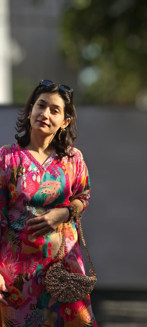 Pink Chinon kaftan style suit with palazzo