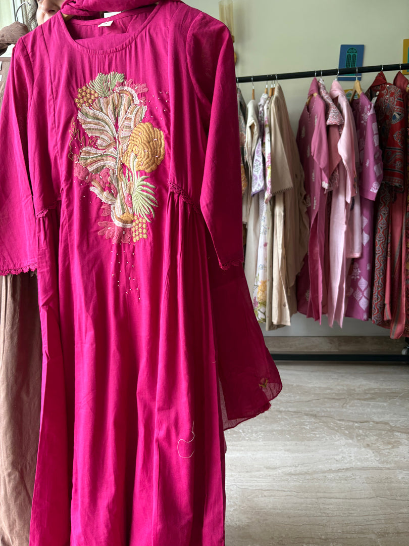 Fushia Colored Cotton Set with Dupatta