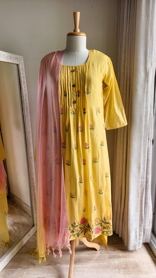 Yellow Mul Chanderi Suit with Cross Stitch Embroidery