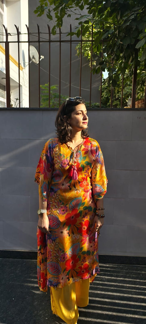 Yellow Chinon kaftan style suit with palazzo