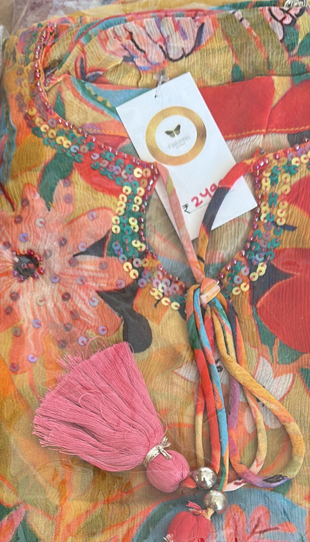 Yellow Chinon kaftan style suit with palazzo
