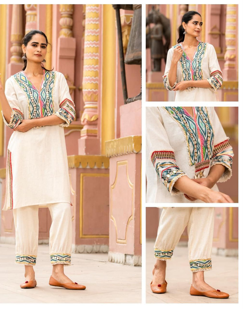 Off White Khadi Cotton Suit
