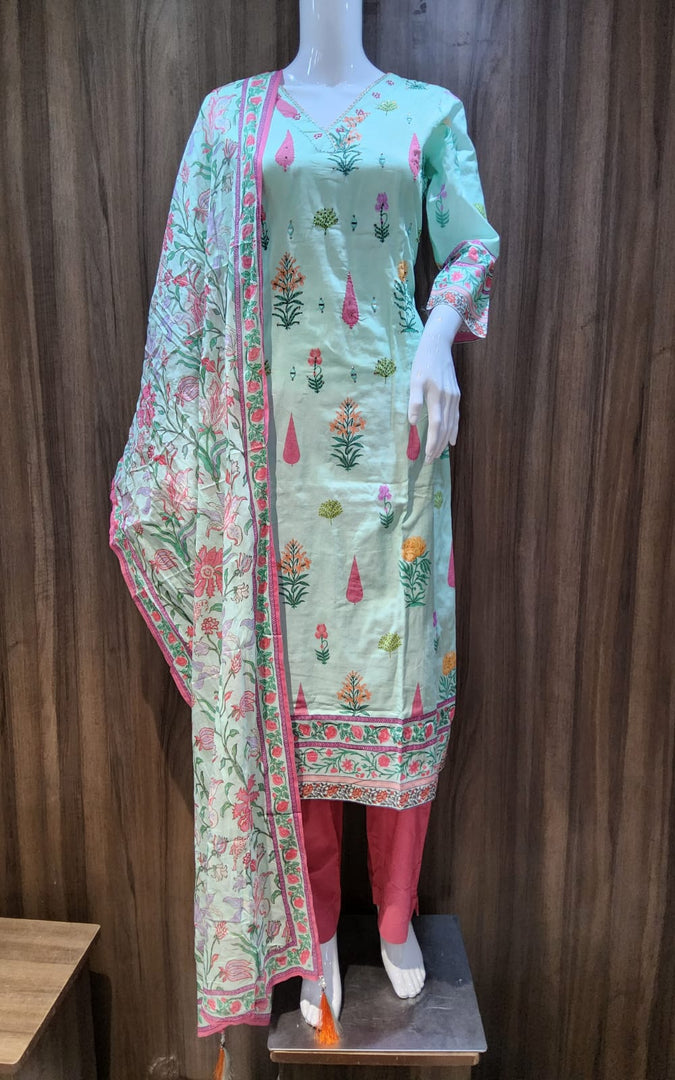 Sea Green Cotton Suit with Dupatta