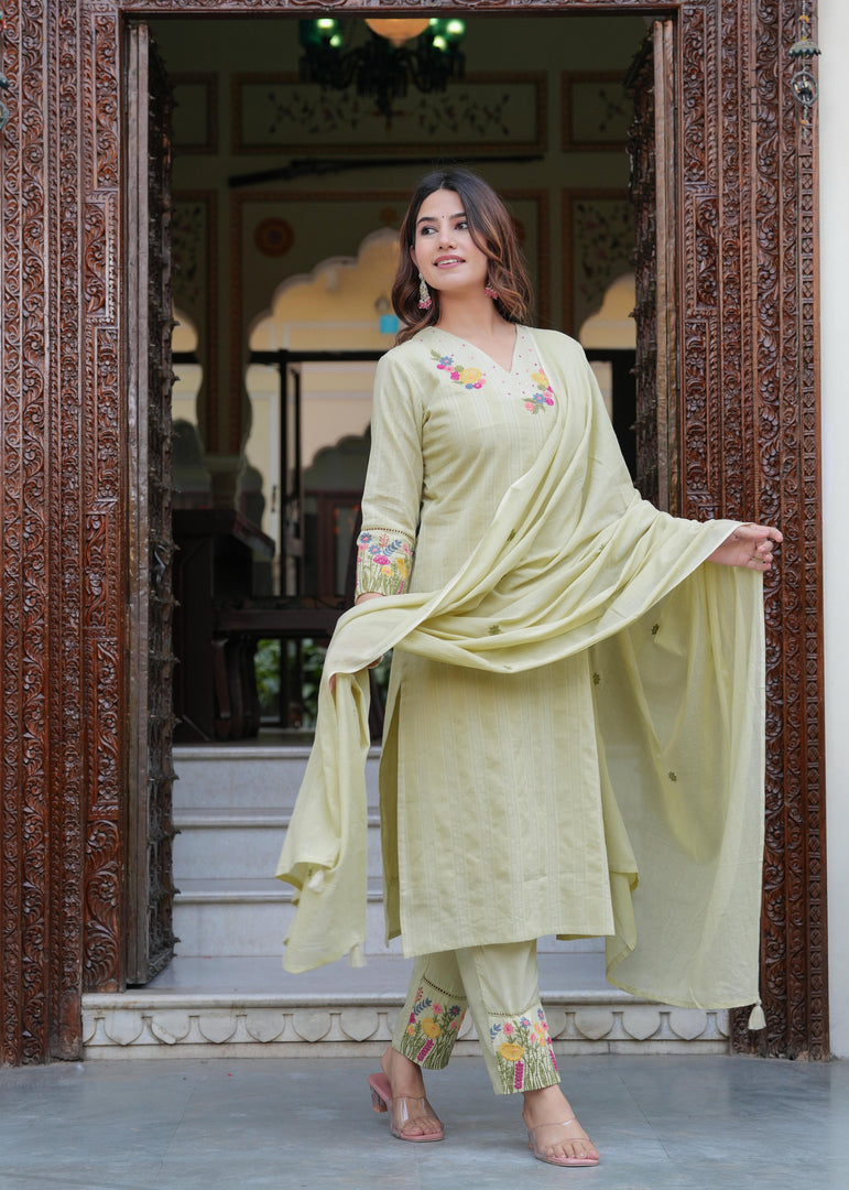 Embroidered Green Cotton Suit with Dupatta