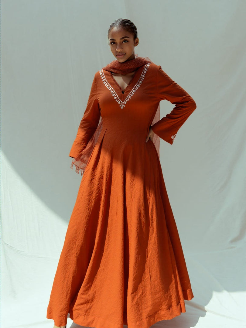 Rust Anarkali  Cotton 3pc suit