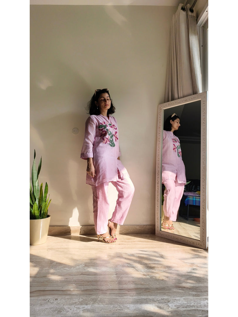 Baby pink Mul Chanderi cord set