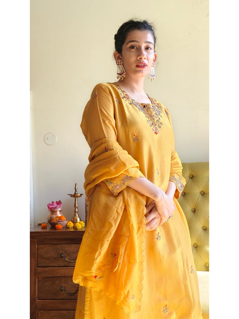 Saffron gold tissue suit with Dabka work