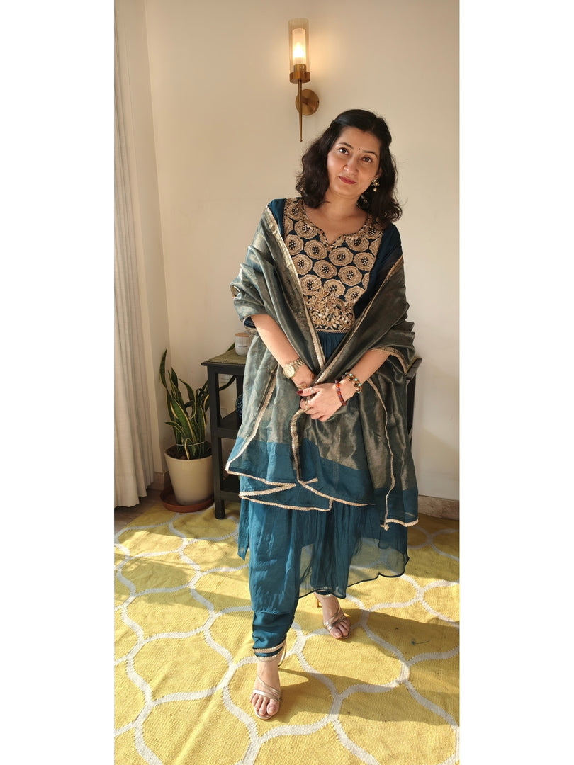 Teal blue Mul Chanderi suit with tissue dupatta