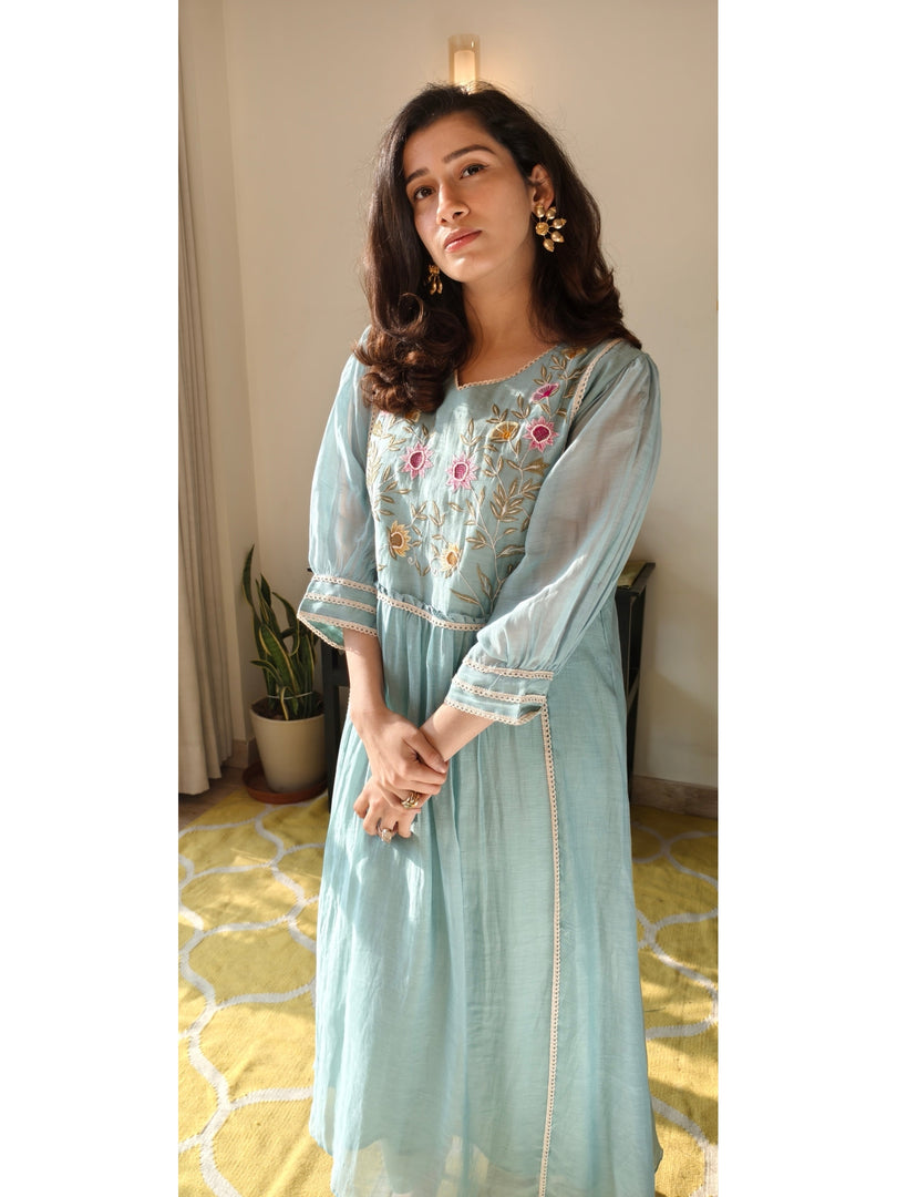 Arctic blue Mul Chanderi 2 pc set