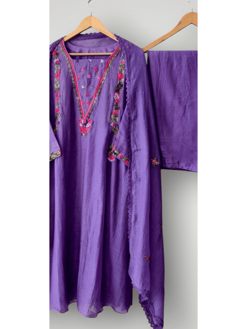 Purple Mul Chanderi suit with pockets