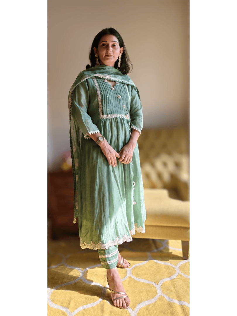 Sage green Mul Chanderi 3pc suit