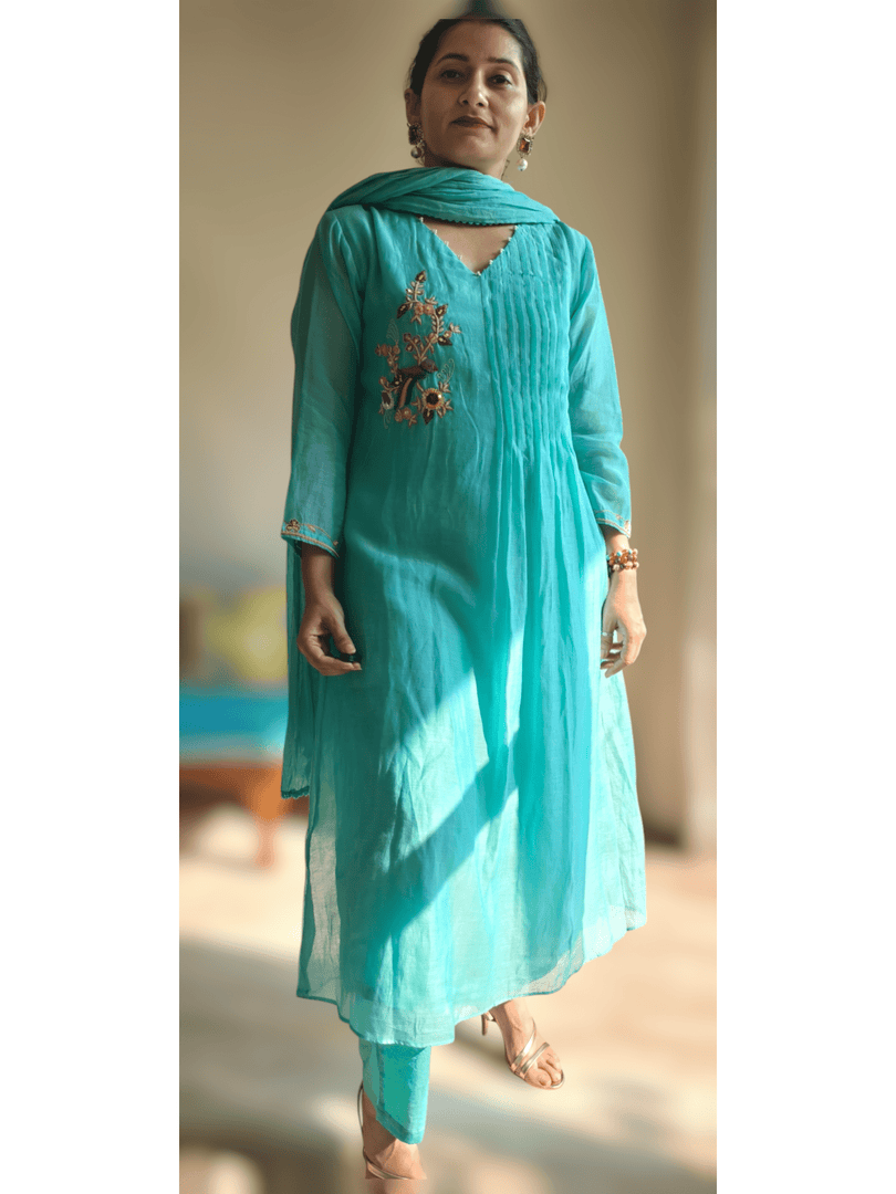 Turquoise Mul Chanderi 3pc suit
