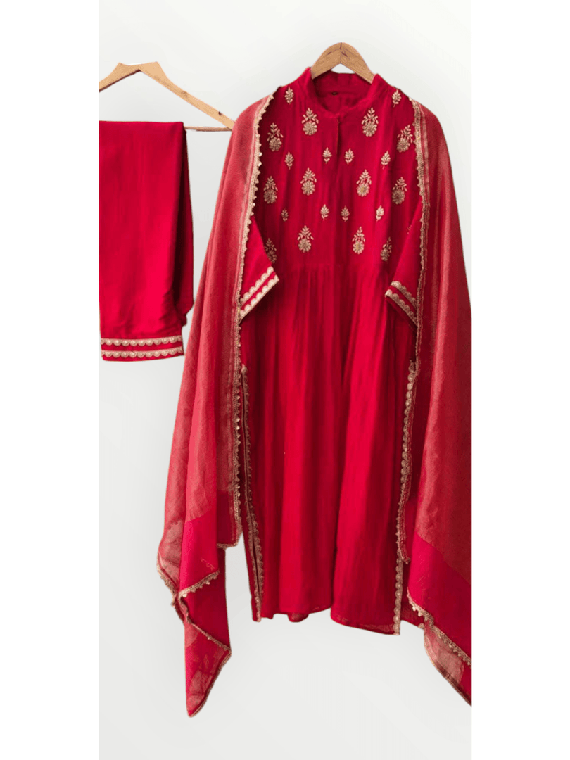 Red green Mul Chanderi 3pc suit with tissue dupatta