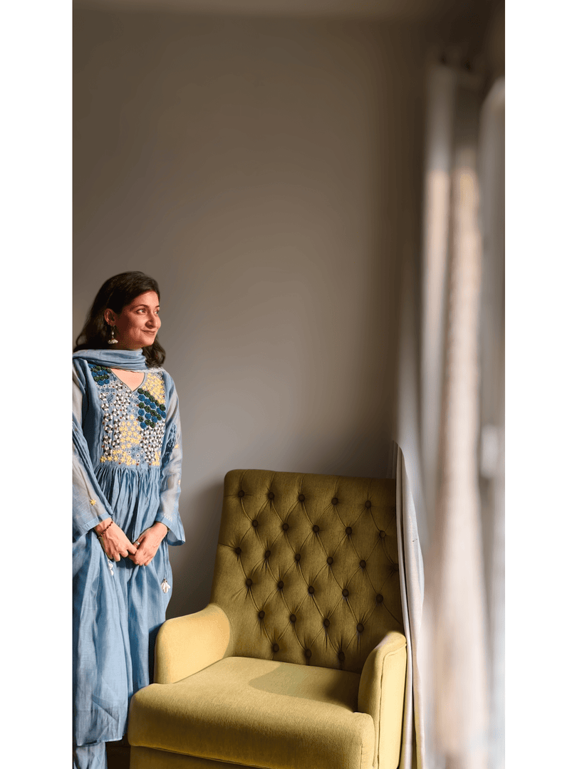 Grey Mul chanderi suit with intricate thread work